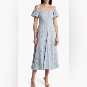 August Sky Blue Floral Off the Shoulder Midi Dress